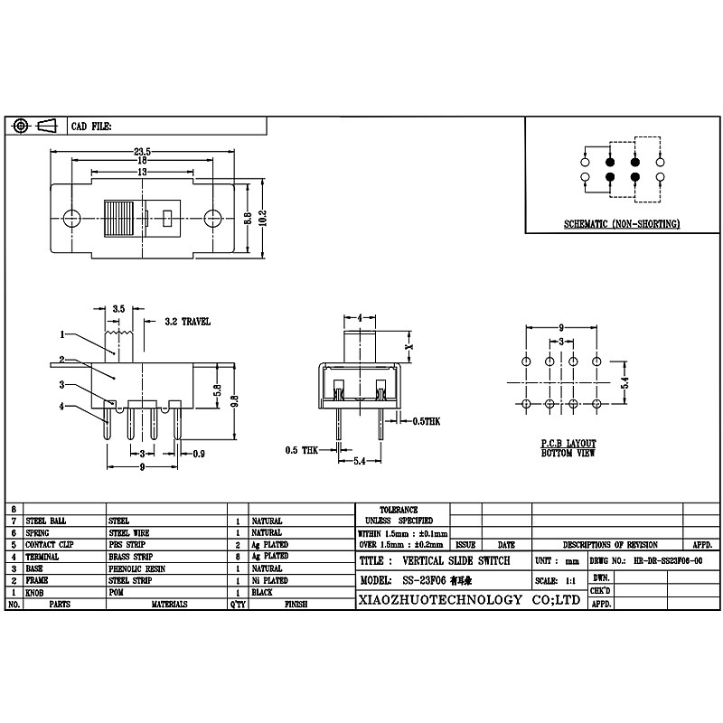 Spínač SS23F06 Custom-udělal dvojnásobek-Řádek 6-PIN Vertikální vysavače vysušené posuvné spínač vysoušeče vlasů