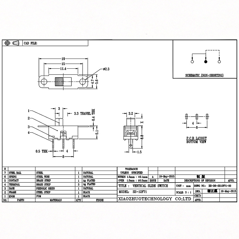 Spínač SS12F71 Hračka Audio Single-Řádek tři-PIN posuvného spínače LED Light Micro Vertical Slide Switch