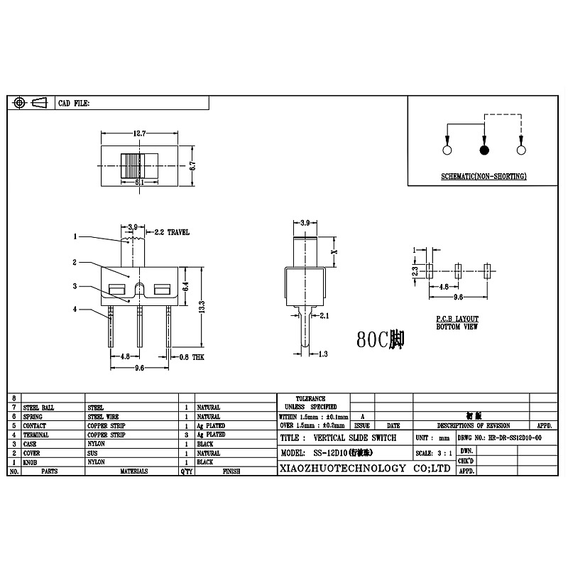Spínač SS12D10 Elektronický posuvný přepínač SS12D10-Pozice 3-Pin single-přepínač pásma jeviště